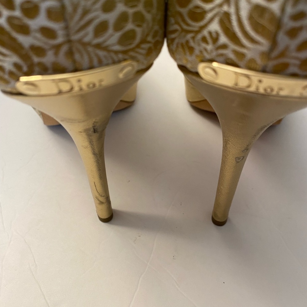 Christian Dior open toe pumps heels fabric leather gold 39.5 - Picture 13 of 14